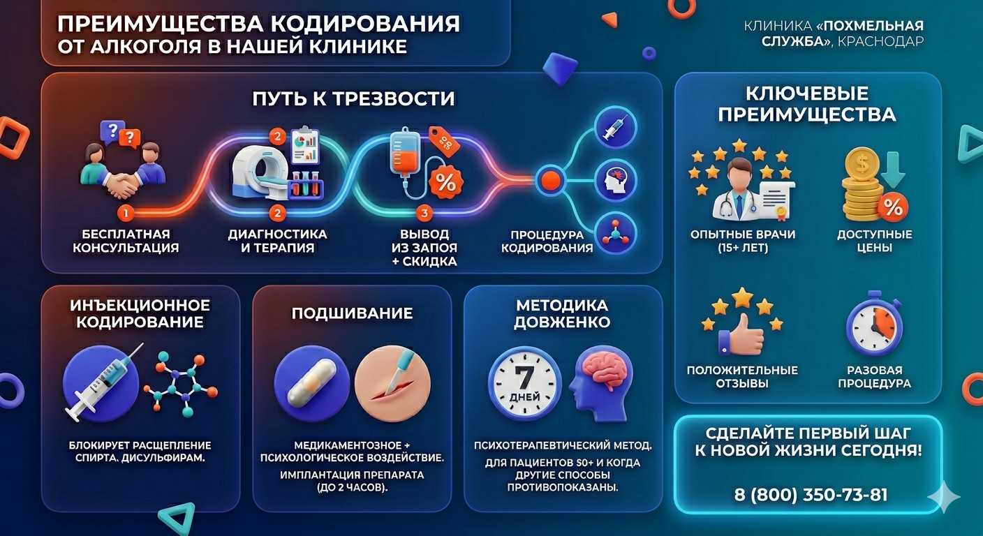 Инфографика о методах кодирования от алкоголя в Светлограде: инъекции, подшивание, метод Довженко. Преимущества клиники и этапы лечения.