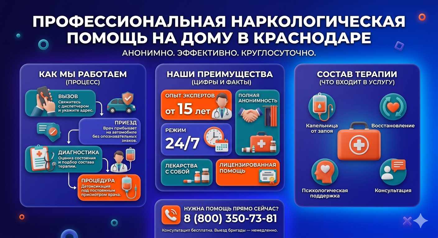 Инфографика о принципах лечения алкоголизма на дому в Светлограде: этапы вызова нарколога, преимущества анонимной детоксикации и состав медицинской помощи.
